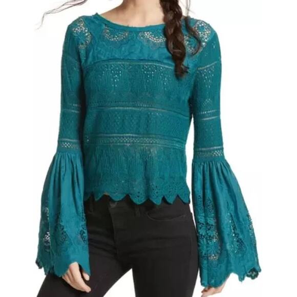Free People Womens Dark Turquoise Once Upon A Time Blouse Top Large - Picture 1 of 9